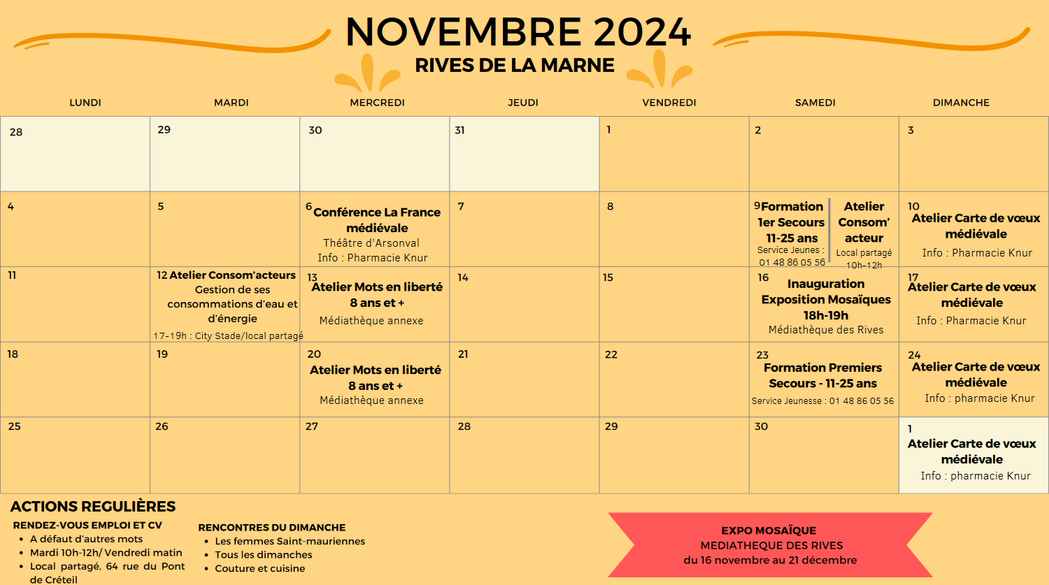 planning du mois de novembre du quartier des Rives de la Marne. 