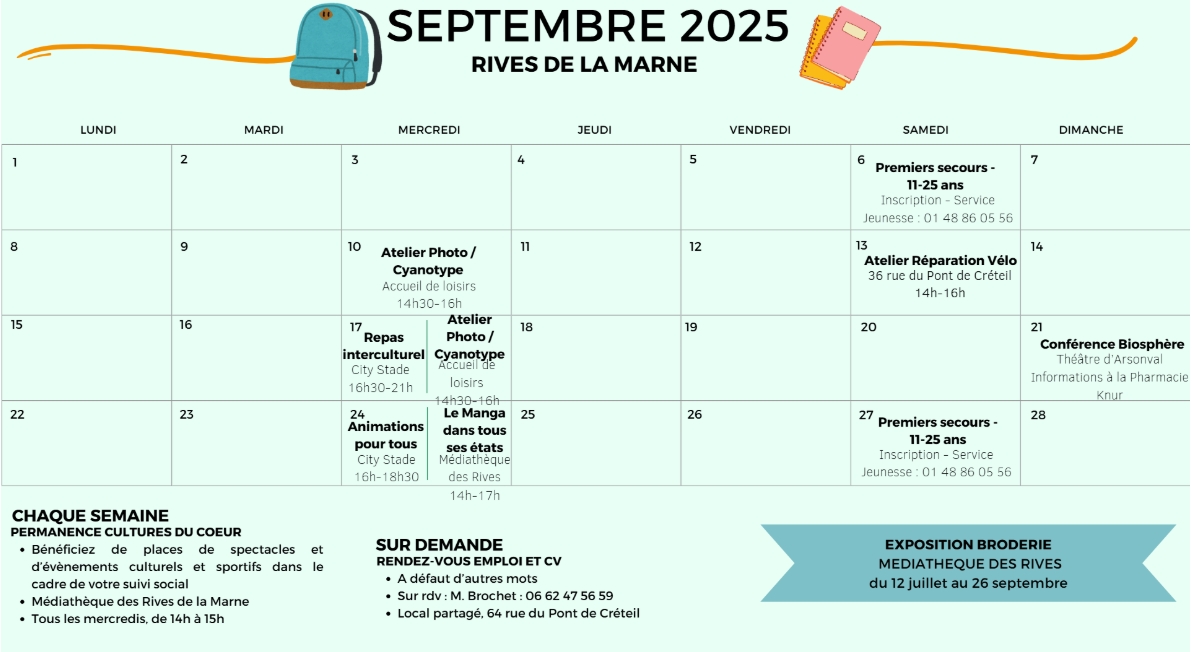 dates à retenir pour le mois de septembre, pour le quartier des Rives de la Marne :