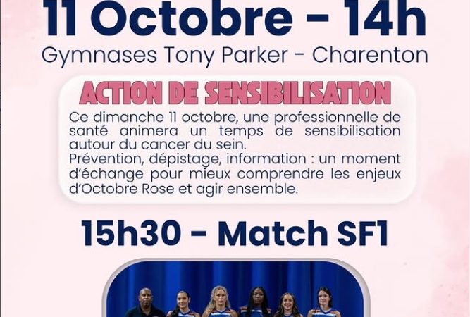 –📅 Dimanche 11 octobre –  À l’occasion d’Octobre Rose, nous vous donnons rendez-vous au Gymnase Tony Parker à Charenton pour une action de prévention et d’information encadrée par une professionnelle de santé. 🕛 De 14 h à 15:30 h