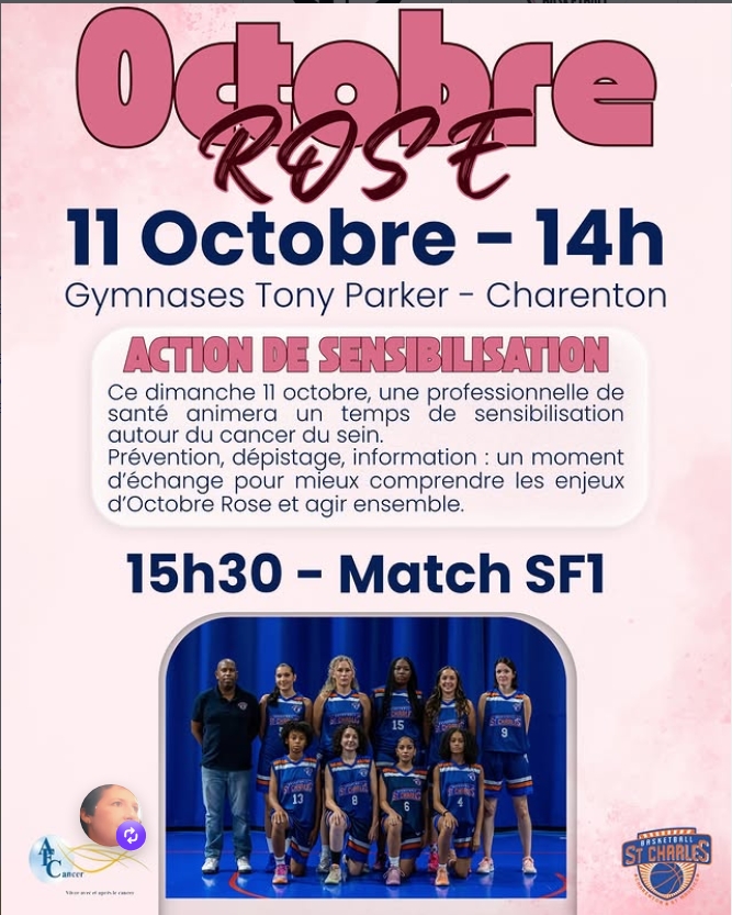 –📅 Dimanche 11 octobre –  À l’occasion d’Octobre Rose, nous vous donnons rendez-vous au Gymnase Tony Parker à Charenton pour une action de prévention et d’information encadrée par une professionnelle de santé. 🕛 De 14 h à 15:30 h